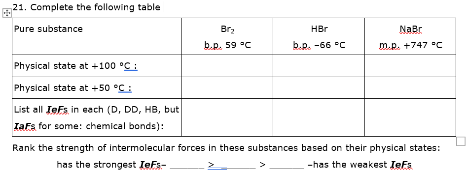 21. Complete the following table
Pure substance
Br2
HBr
NaBr
b.p. 59 °C
b.p. -66 °C
m.p. +747 °C
Physical state at +100 °C:
Physical state at +50 °C :
List all IeFs in each (D, DD, HB, but
IaFs for some: chemical bonds):
Rank the strength of intermolecular forces in these substances based on their physical states:
has the strongest IeFs-
-has the weakest IeFs
