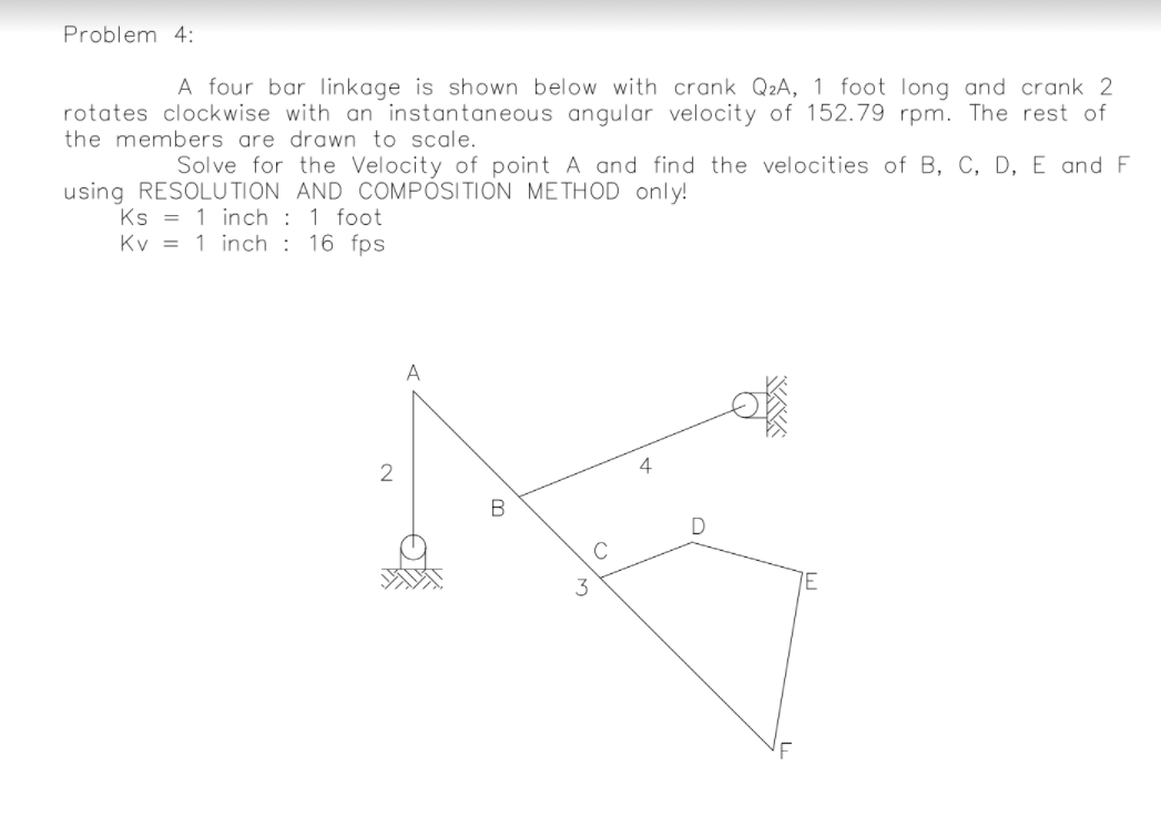 Problem 4:
A four bar linkage is shown below with crank Q2A, 1 foot long and crank 2
rotates clockwise with an instantaneous angular velocity of 152.79 rpm. The rest of
the members are drawn to scale.
Solve for the Velocity of point A and find the velocities of B, C, D, E and F
using RESOLU TION AND COMPÒSITION METHOD only!
Ks = 1 inch : 1 foot
Kv = 1 inch : 16 fps
A
4
D
3
