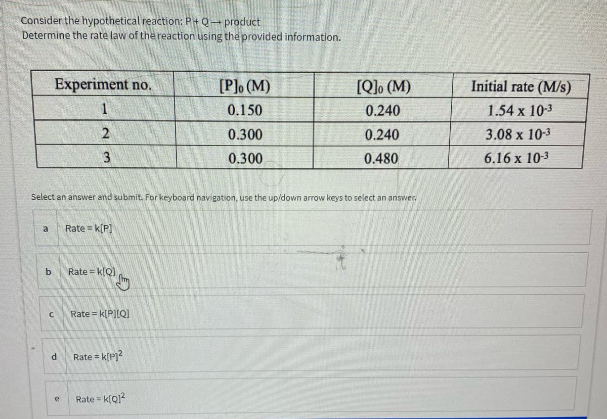 Consider the hypothetical reaction: P+ Q product.
Determine the rate law of the reaction using the provided information.
Experiment no.
[P]o (M)
[Q]o (M)
Initial rate (M/s)
1
0.150
0.240
1.54 x 10-3
0.300
0.240
3.08 x 10-3
0.300
0.480
6.16 x 10-3
Select an answer and submit. For keyboard navigation, use the up/down arrow keys to select an answer.
a
Rate k[P]
b.
Rate = k[Q]
Rate = k[P][Q]
d
Rate = k[P]?
Rate = k[Q]?
e
