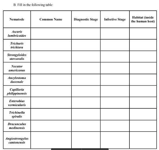 B. Fill in the following table:
Nematode
Ascaris
lumbricoides
Trichuris
trichiura
Strongyloides
stercoralis
Necator
americanus
Ancylostoma
duoenale
Capillaria
philippinensis
Enterobius
vermicularis
Trichinella
spiralis
Dracunculus
medinensis
Angiostrongylus
cantonensis
Common Name
Diagnostic Stage
Infective Stage
Habitat (inside
the human host)