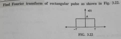 Find Fourier transform of rectangular pulse as shown in Fig. 3.22.
-T
A
FIG. 3.22
T