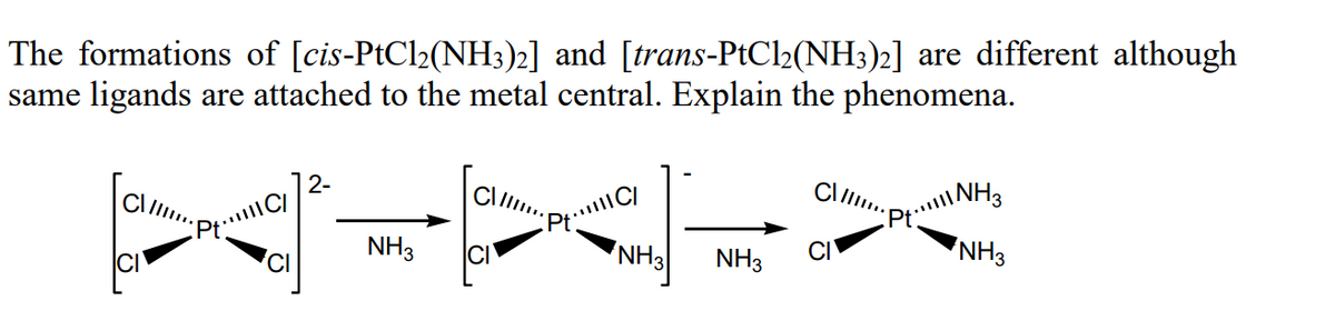 The formations of [cis-PtCl2(NH3)2] and [trans-PtCl2(NH3)2] are different although
same ligands are attached to the metal central. Explain the phenomena.
Cll.
2-
Cll.
NH3
Cl.
NH3
NH3
NH3
'CI
