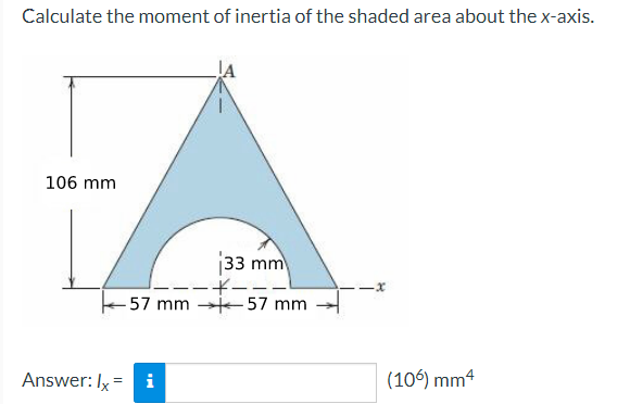 Calculate the moment of inertia of the shaded area about the x-axis.
106 mm
33 mm
Answer: Ix = i
----
-57 mm 57 mm
-x
(106) mm²