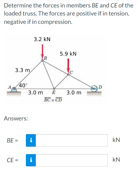 Determine the forces in members BE and CE of the
loaded truss. The forces are positive if in tension,
negative if in compression.
A
3.3 m
BE =
40°
Answers:
CE =
3.0 m
i
3.2 kN
i
B
5.9 KN
BC=CD
3.0 m
kN
kN