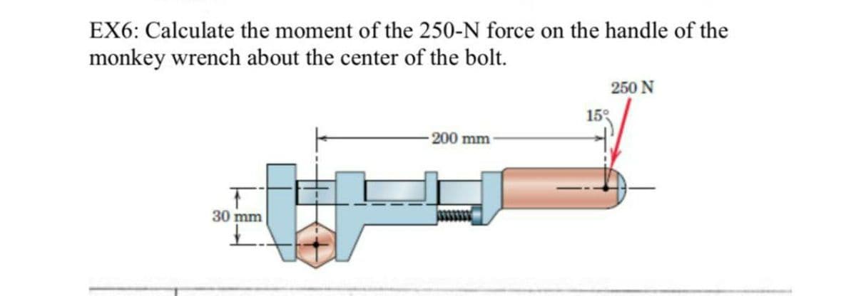 EX6: Calculate the moment of the 250-N force on the handle of the
monkey wrench about the center of the bolt.
250 N
15°
-200 mm-
30 mm
