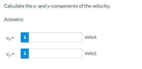 Calculate the x- and y-components of the velocity.
Answers:
Vx=
mm/s
Vy=
i
mm/s
