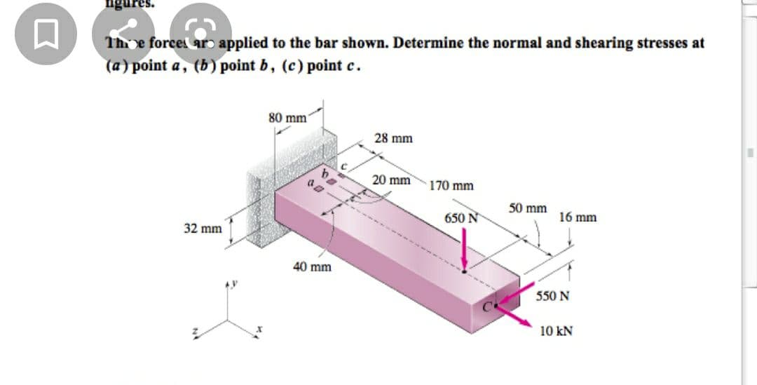 ngure
The forces aro applied to the bar shown. Determine the normal and shearing stresses at
(a) point a, (b) point b, (c) point c.
80 mm
28 mm
20 mm
170 mm
50 mm
650 N
16 mm
32 mm
40 mm
550 N
10 kN
