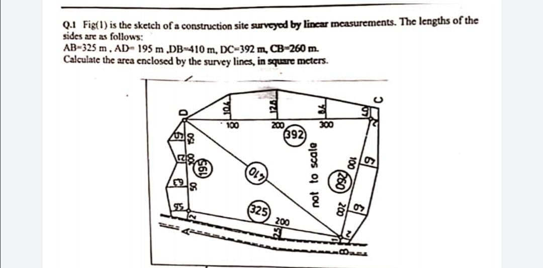 Q.1 Fig(1) is the sketch of a construction site surveyed by lincar measurements. The lengths of the
sides are as follows:
AB-325 m. AD- 195 m ,DB-410 m, DC-392 m, CB-260m.
Calculate the area enclosed by the survey lines, in square mcters.
200
392
100
(610
325
200
not to scale
