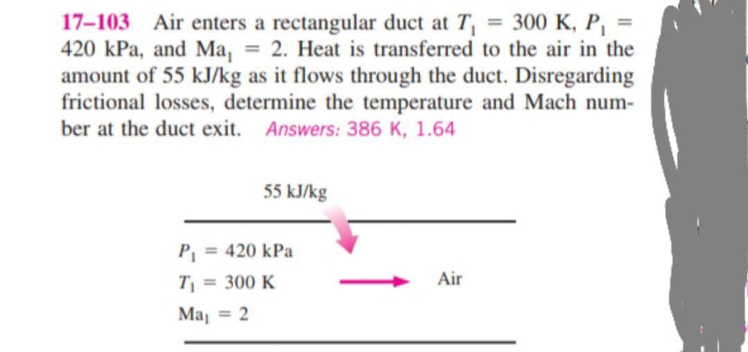 17-103 Air enters a rectangular duct at T₁ = 300 K, P₁
420 kPa, and Ma₁ = 2. Heat is transferred to the air in the
amount of 55 kJ/kg as it flows through the duct. Disregarding
frictional losses, determine the temperature and Mach num-
ber at the duct exit. Answers: 386 K, 1.64
55 kJ/kg
P₁ = 420 kPa
T₁ = 300 K
May = 2
Air