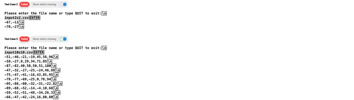 Test Case 2 Failed Show what's missing
Please enter the file name or type QUIT to exit: \n
input2x2.csv ENTER
-67,-11\n
-70,-27\n
Test Case 3 Failed Show what's missing
Please enter the file name or type QUIT to exit: \n
input10x10.csv ENTER
-51,-46, -21, -19,45, 56,96 \n
-58, -27,8,29,34, 71,85 \n
-87,-82,40,50, 50, 51, 100 \n
-47,-32,-27, -25,-24, 46, 88 \n
-75,-47,-41,-16, 43, 85,95 \n
-78, -77,-69,-25, 0,78,94\n
-95,-86, -80,-32, -31, -22, 82 \n
-89,-68, -52,-14,-4, 10, 68 \n
-59,-52,-51,-48,-34, 26, 33 \n
-66,-47,-42,-24, 16, 80, 80\n