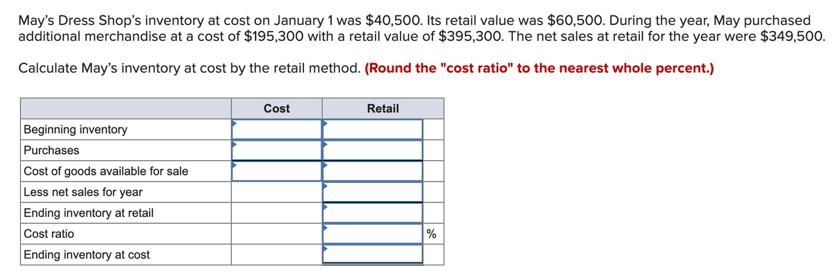 May's Dress Shop's inventory at cost on January 1 was $40,500. Its retail value was $60,500. During the year, May purchased
additional merchandise at a cost of $195,300 with a retail value of $395,300. The net sales at retail for the year were $349,500.
Calculate May's inventory at cost by the retail method. (Round the "cost ratio" to the nearest whole percent.)
Cost
Retail
Beginning inventory
Purchases
Cost of goods available for sale
Less net sales for year
Ending inventory at retail
Cost ratio
%
Ending inventory at cost
