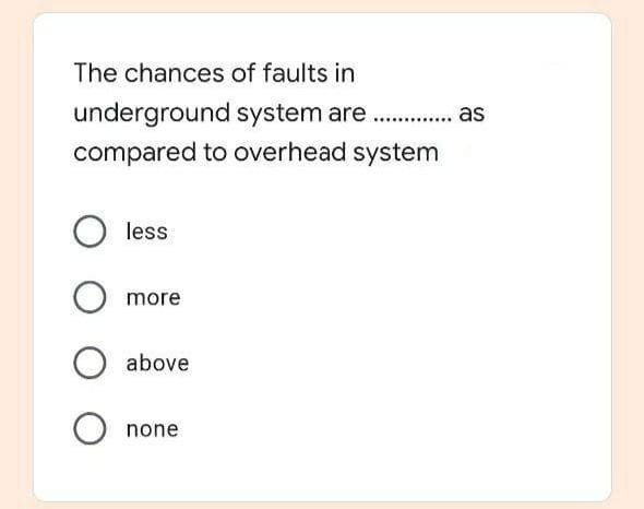 The chances of faults in
underground system are . as
compared to overhead system
less
more
above
none
