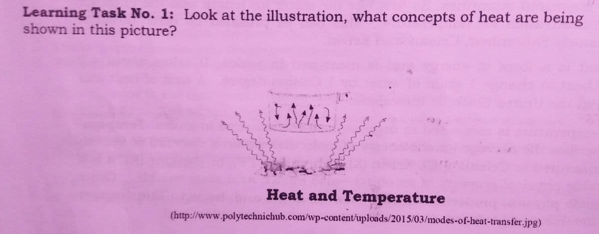 Learning Task No. 1: Look at the illustration, what concepts of heat are being
shown in this picture?
Heat and Temperature
(http://www.polytechnichub.com/wp-content/uploads/2015/03/modes-of-heat-transfer.jpg)
