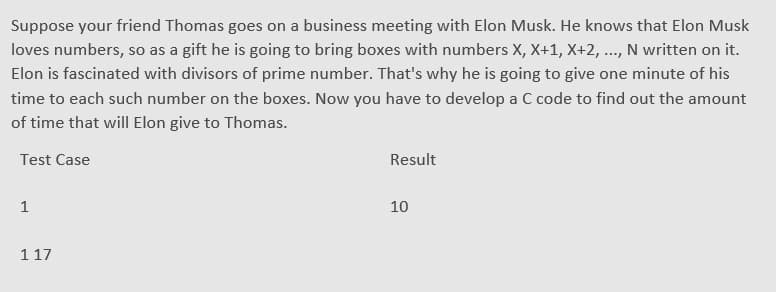 Suppose your friend Thomas goes on a business meeting with Elon Musk. He knows that Elon Musk
loves numbers, so as a gift he is going to bring boxes with numbers X, X+1, X+2, ..., N written on it.
Elon is fascinated with divisors of prime number. That's why he is going to give one minute of his
time to each such number on the boxes. Now you have to develop a C code to find out the amount
of time that will Elon give to Thomas.
Test Case
Result
1
10
1 17
