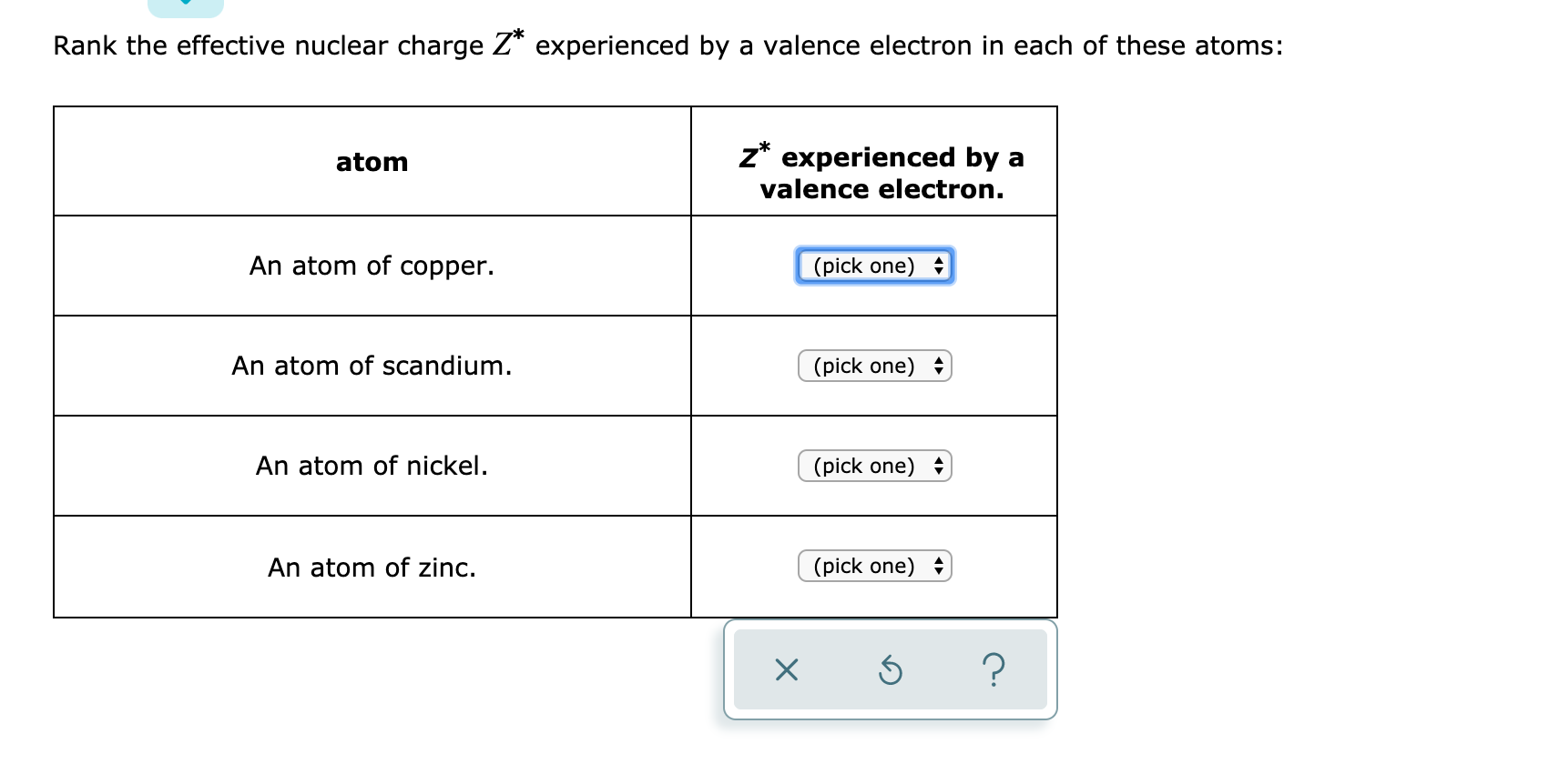 Rank the effective nuclear charge Z* experienced by a valence electron in each of these atoms:
atom
z* experienced by a
valence electron.
An atom of copper.
(pick one) +
An atom of scandium.
(pick one)
An atom of nickel.
(pick one)
An atom of zinc.
(pick one) +

