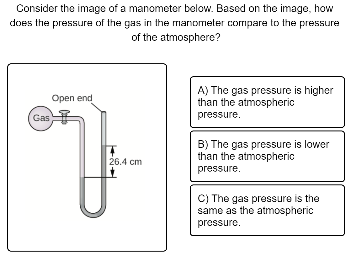 Consider the image of a manometer below. Based on the image, how
does the pressure of the gas in the manometer compare to the pressure
of the atmosphere?
A) The gas pressure is higher
than the atmospheric
Open end
Gas
pressure.
B) The gas pressure is lower
than the atmospheric
26.4 cm
pressure.
C) The gas pressure is the
same as the atmospheric
pressure.
