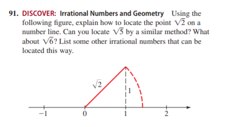 91. DISCOVER: Irational Numbers and Geometry Using the
following figure, explain how to locate the point V2 on a
number line. Can you locate V5 by a similar method? What
about V6? List some other irrational numbers that can be
located this way.
V2
2
