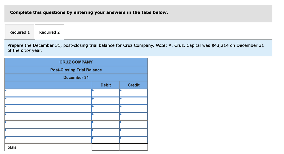 Complete this questions by entering your answers in the tabs below.
Required 1
Required 2
Prepare the December 31, post-closing trial balance for Cruz Company. Note: A. Cruz, Capital was $43,214 on December 31
of the prior year.
CRUZ COMPANY
Post-Closing Trial Balance
December 31
Debit
Credit
Totals
