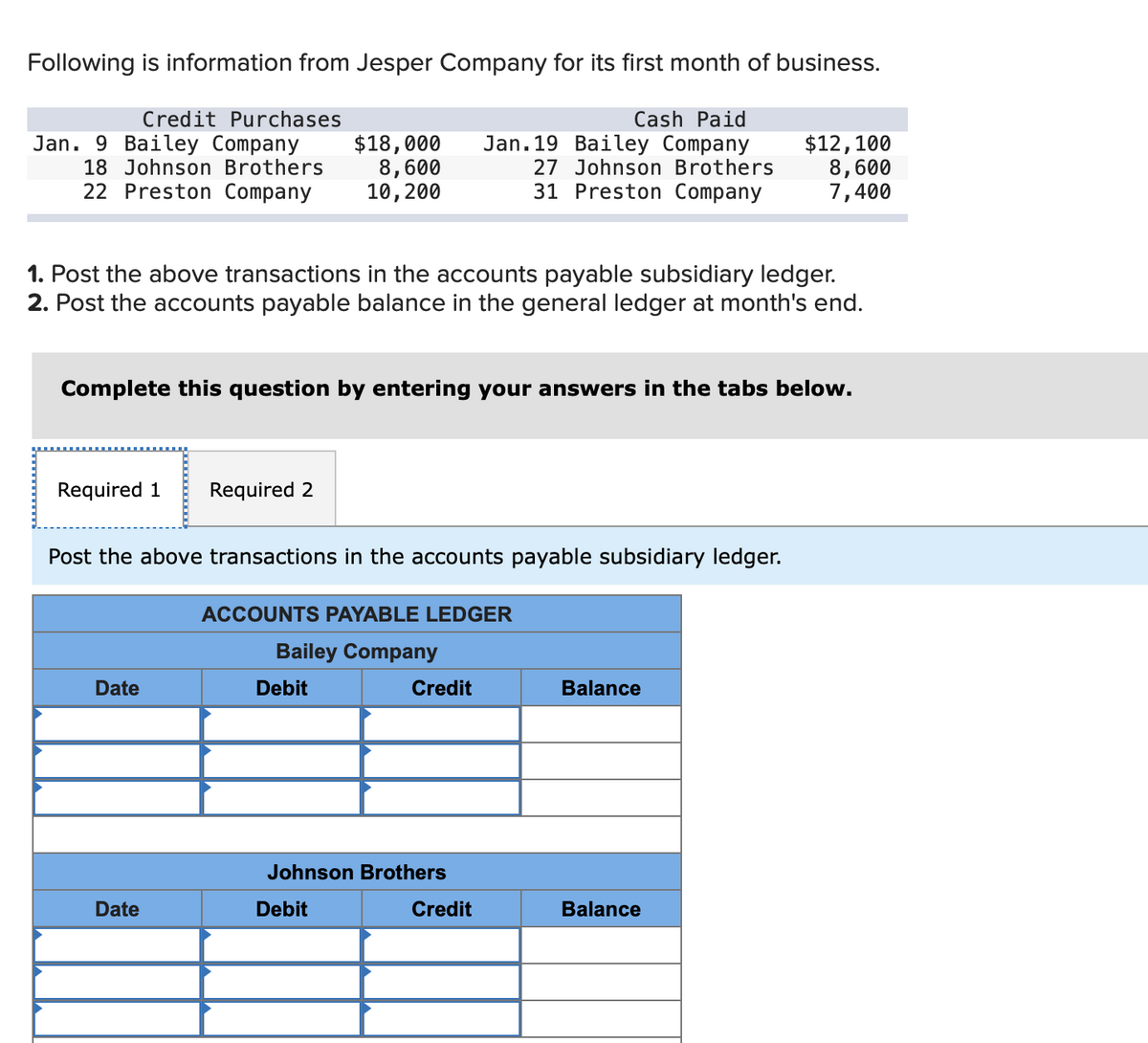 Following is information from Jesper Company for its first month of business.
Credit Purchases
Jan. 9 Bailey Company
18 Johnson Brothers
22 Preston Company
$18,000
8,600
10,200
Cash Paid
Jan.19 Bailey Company
27 Johnson Brothers
31 Preston Company
$12,100
8,600
7,400
1. Post the above transactions in the accounts payable subsidiary ledger.
2. Post the accounts payable balance in the general ledger at month's end.
Complete this question by entering your answers in the tabs below.
Required 1
Required 2
Post the above transactions in the accounts payable subsidiary ledger.
ACCOUNTS PAYABLE LEDGER
Bailey Company
Date
Debit
Credit
Balance
Johnson Brothers
Date
Debit
Credit
Balance
