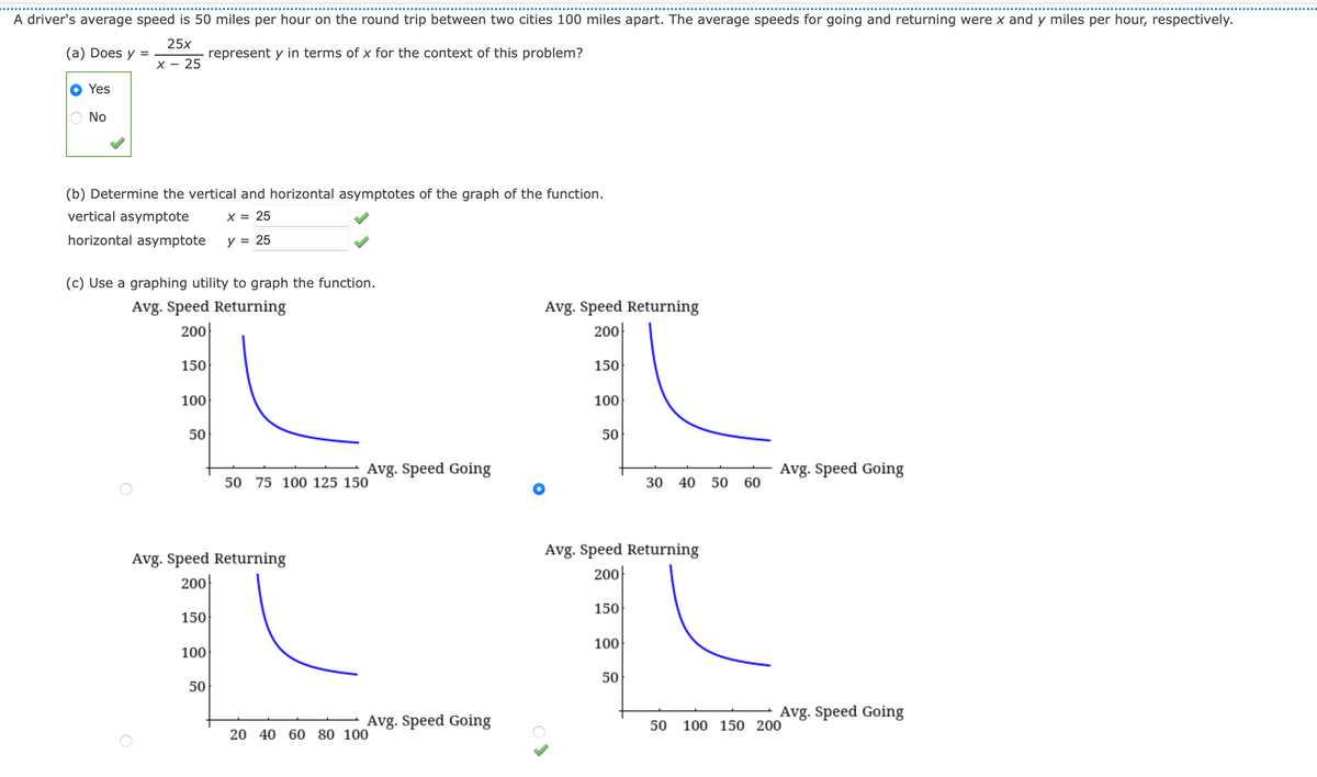 A driver's average speed is 50 miles per hour on the round trip between two cities 100 miles apart. The average speeds for going and returning were x and y miles per hour, respectively.
25x
(a) Does y =
represent y in terms of x for the context of this problem?
X - 25
Yes
No
(b) Determine the vertical and horizontal asymptotes of the graph of the function.
vertical asymptote
X = 25
horizontal asymptote
y = 25
(c) Use a graphing utility to graph the function.
Avg. Speed Returning
200
Avg. Speed Returning
200
150
150
100
100
50
50
Avg. Speed Going
Avg. Speed Going
60
50 75 100 125 150
30 40
50
Avg. Speed Returning
Avg. Speed Returning
200|
200|
150
150
100
100
50
50
Avg. Speed Going
Avg. Speed Going
50
100 150 200
20 40 60 80 100
