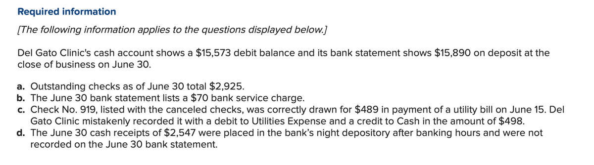 Required information
[The following information applies to the questions displayed below.]
Del Gato Clinic's cash account shows a $15,573 debit balance and its bank statement shows $15,890 on deposit at the
close of business on June 30.
a. Outstanding checks as of June 30 total $2,925.
b. The June 30 bank statement lists a $70 bank service charge.
c. Check No. 919, listed with the canceled checks, was correctly drawn for $489 in payment of a utility bill on June 15. Del
Gato Clinic mistakenly recorded it with a debit to Utilities Expense and a credit to Cash in the amount of $498.
d. The June 30 cash receipts of $2,547 were placed in the bank's night depository after banking hours and were not
recorded on the June 30 bank statement.
