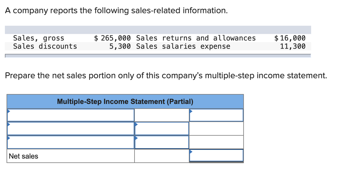 A company reports the following sales-related information.
Sales, gross
Sales discounts
$ 265,000 Sales returns and allowances
5,300 Sales salaries expense
$ 16,000
11,300
Prepare the net sales portion only of this company's multiple-step income statement.
Multiple-Step Income Statement (Partial)
Net sales
