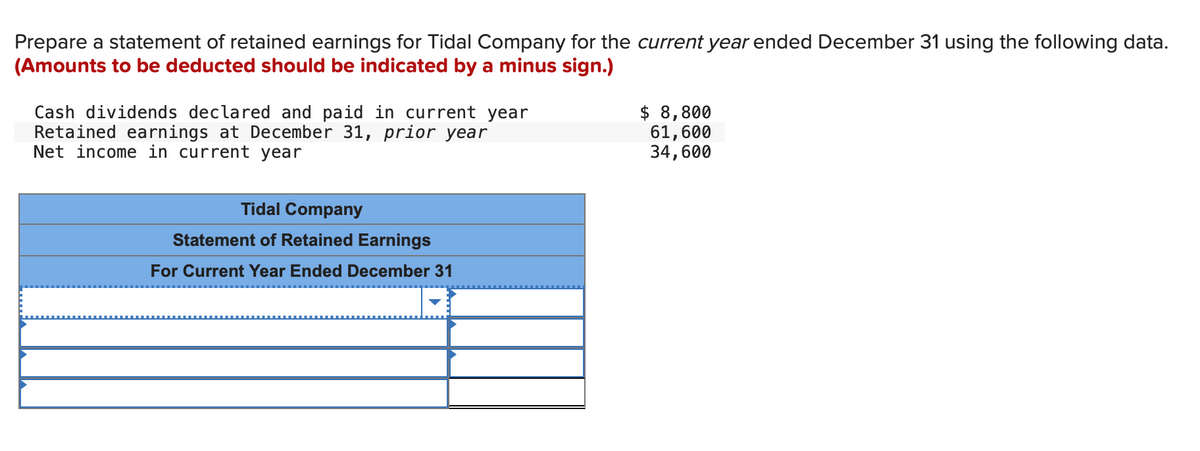 Prepare a statement of retained earnings for Tidal Company for the current year ended December 31 using the following data.
(Amounts to be deducted should be indicated by a minus sign.)
Cash dividends declared and paid in current year
Retained earnings at December 31, prior year
Net income in current year
Tidal Company
Statement of Retained Earnings
For Current Year Ended December 31
$ 8,800
61,600
34,600