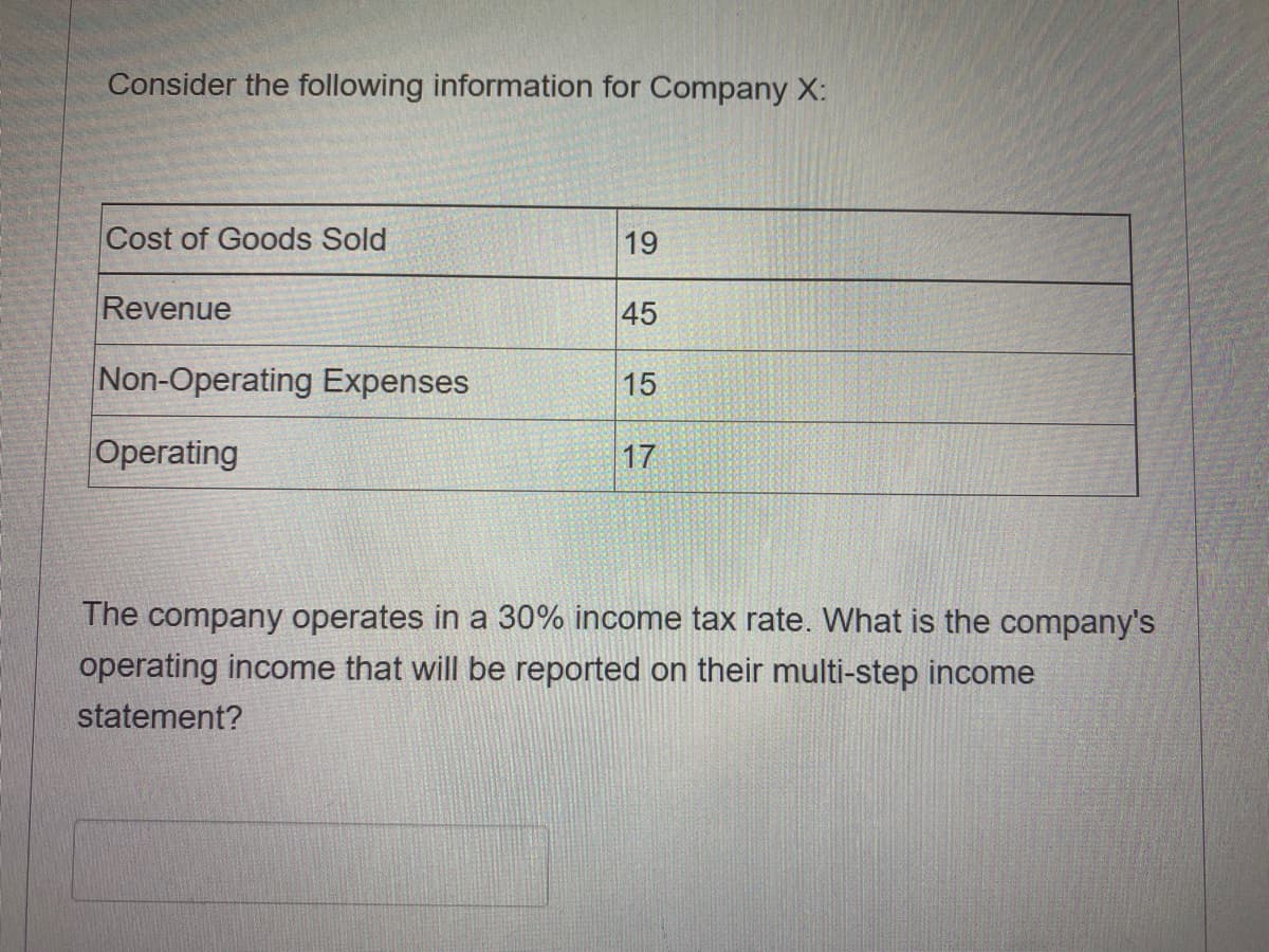 Consider the following information for Company X:
Cost of Goods Sold
19
Revenue
45
Non-Operating Expenses
15
Operating
17
The company operates in a 30% income tax rate. What is the company's
operating income that will be reported on their multi-step income
statement?
