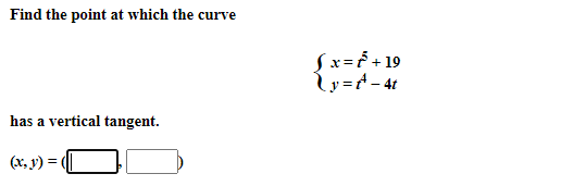 Find the point at which the curve
Sx=f+ 19
ly=t-4t
has a vertical tangent.
(x, v) =
