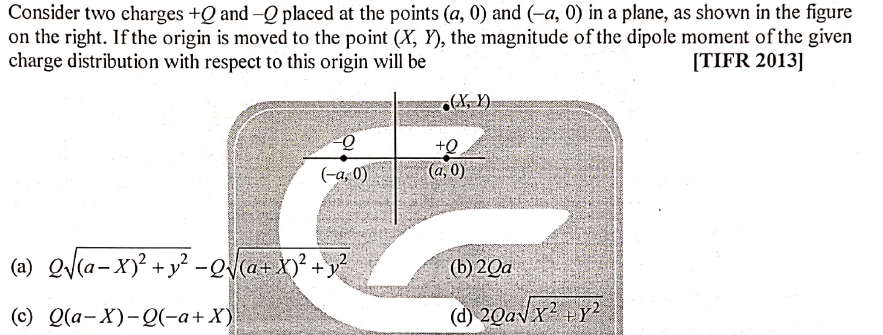 Consider two charges +Q and -Q placed at the points (a, 0) and (-a, 0) in a plane, as shown in the figure
on the right. If the origin is moved to the point (X, Y), the magnitude of the dipole moment of the given
charge distribution with respect to this origin will be
[TIFR 2013]
(X, Y)
+Q
(a, 0)
(-a, 0)
(a) Q/(a-x)? +y² -Qa+X)° +y°
(b) 20a
(с) 2(а- X)-О(-а+ X)
(d) 20avx2+ Y2
