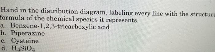 Hand in the distribution diagram, labeling every line with the structura
formula of the chemical species it represents.
a. Benzene-1,2,3-tricarboxylic acid
b. Piperazine
c. Cysteine
d. H4SIO4
