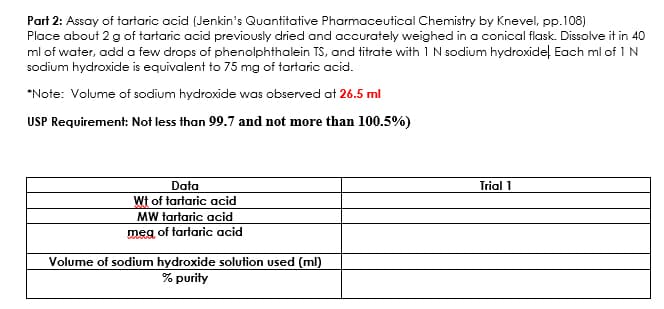 Part 2: Assay of tartaric acid (Jenkin's Quantitative Pharmaceutical Chemistry by Knevel, pp.108)
Place about 2 g of tartaric acid previously dried and accurately weighed in a conical flask. Dissolve it in 40
ml of water, add a few drops of phenolphthalein TS, and titrate with 1 N sodium hydroxide! Each ml of 1 N
sodium hydroxide is equivalent to 75 mg of tartaric acid.
*Note: Volume of sodium hydroxide was observed at 26.5 ml
USP Requirement: Not less than 99.7 and not more than 100.5%)
Data
Wt of tartaric acid
MW tartaric acid
meg of tartaric acid
Volume of sodium hydroxide solution used (ml)
% purity
Trial 1