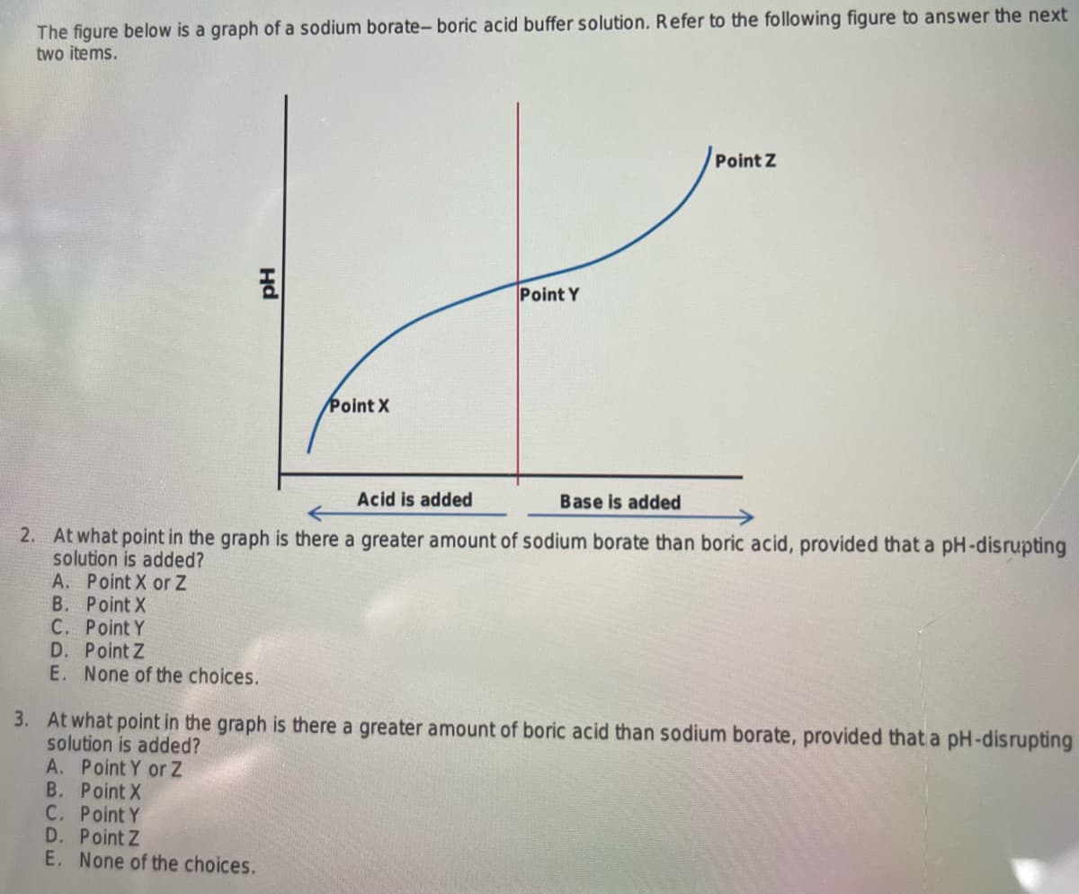 The figure below is a graph of a sodium borate-boric acid buffer solution. Refer to the following figure to answer the next
two items.
A. Point X or Z
B. Point X
C. Point Y
D. Point Z
E. None of the choices.
Hd
Point X
A. Point Y or Z
B. Point X
C. Point Y
D. Point Z
E. None of the choices.
Point Y
Acid is added
Base is added
2. At what point in the graph is there a greater amount of sodium borate than boric acid, provided that a pH-disrupting
solution is added?
Point Z
3. At what point in the graph is there a greater amount of boric acid than sodium borate, provided that a pH-disrupting
solution is added?