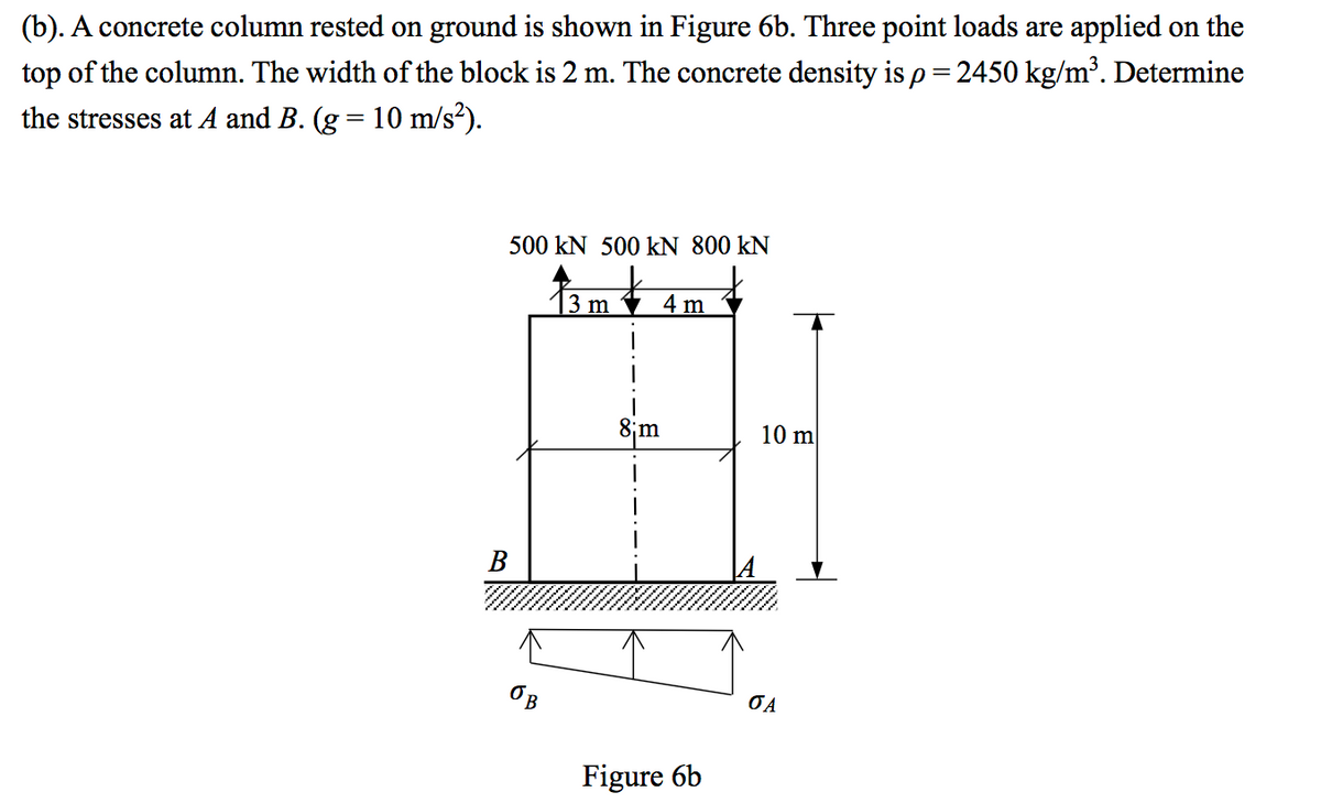 (b). A concrete column rested on ground is shown in Figure 6b. Three point loads are applied on the
top of the column. The width of the block is 2 m. The concrete density is p = 2450 kg/m³. Determine
the stresses at A and B. (g = 10 m/s²).
500 KN 500 kN 800 KN
B
OB
3 m
4 m
8¡m
Figure 6b
10 m
OA