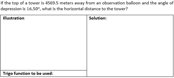 If the top of a tower is 4569.5 meters away from an observation balloon and the angle of
depression is 16.50°, what is the horizontal distance to the tower?
Illustration
Solution:
Trigo function to be used: