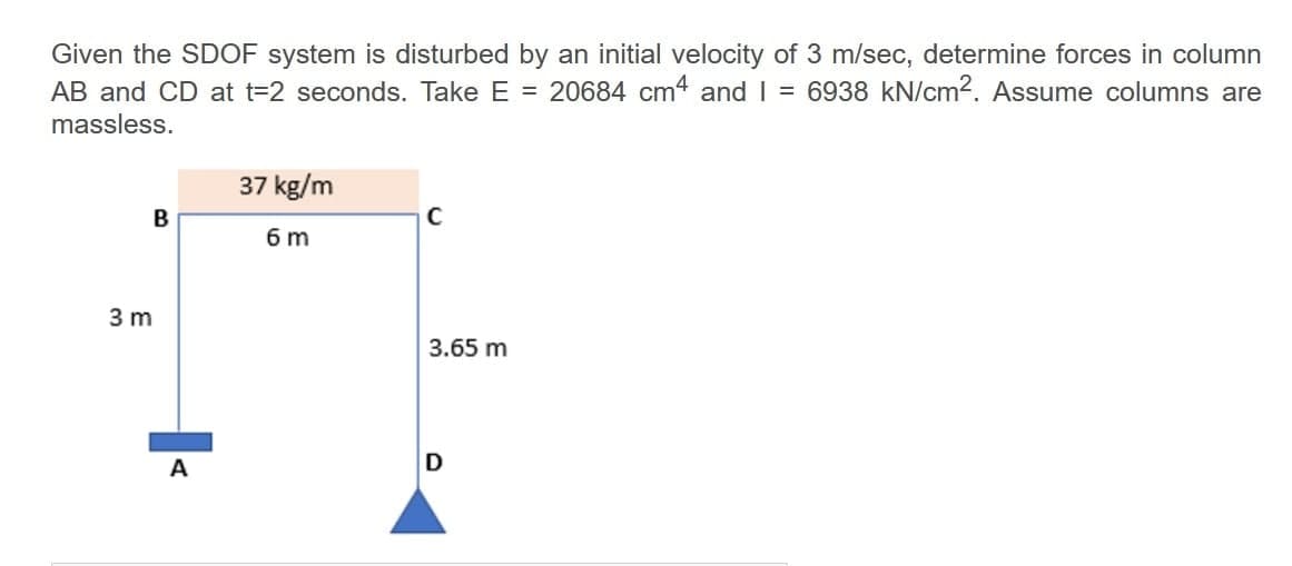 Given the SDOF system is disturbed by an initial velocity of 3 m/sec, determine forces in column
AB and CD at t=2 seconds. Take E = 20684 cm4 and I = 6938 kN/cm². Assume columns are
massless.
B
3 m
A
37 kg/m
6m
C
3.65 m
D
