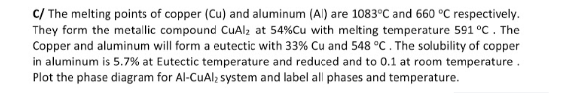C/ The melting points of copper (Cu) and aluminum (Al) are 1083°C and 660 °C respectively.
They form the metallic compound CuAl2 at 54%Cu with melting temperature 591 °C. The
Copper and aluminum will form a eutectic with 33% Cu and 548 °C. The solubility of copper
in aluminum is 5.7% at Eutectic temperature and reduced and to 0.1 at room temperature.
Plot the phase diagram for Al-CuAl2 system and label all phases and temperature.
