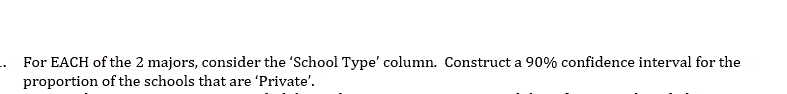 For EACH of the 2 majors, consider the 'School Type' column. Construct a 90% confidence interval for the
proportion of the schools that are 'Private'.

