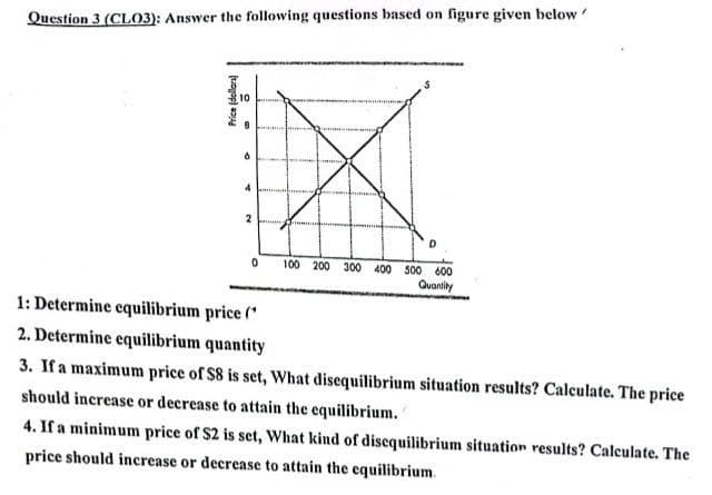 Question 3 (CLO3): Answer the following questions based on figure given below
100 200 300 400 500 600
Quanity
1: Determine equilibrium price (
2. Determine equilibrium quantity
3. If a maximum price of $8 is set, What disequilibrium situation results? Calculate. The price
should increase or decrease to attain the equilibrium.
4. If a minimum price of $2 is set, What kind of disequilibrium situation results? Calculate. The
price should increase or decrease to attain the equilibrium.
Price (dollars
