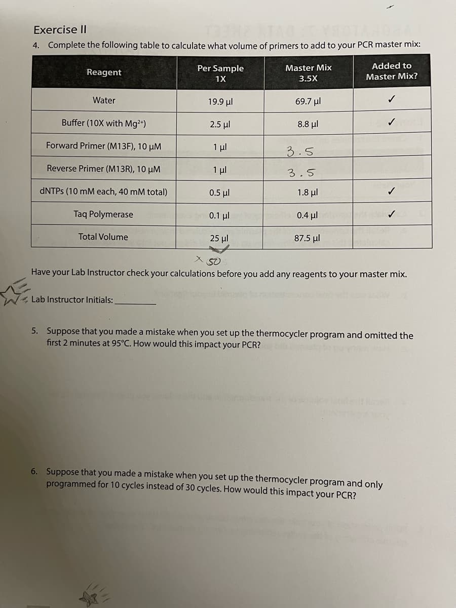 Exercise II
4. Complete the following table to calculate what volume of primers to add to your PCR master mix:
Per Sample
Master Mix
Added to
Reagent
1X
3.5X
Master Mix?
Water
19.9 ul
69.7 µl
Buffer (10X with Mg2+)
2.5 μι
8.8 μ
Forward Primer (M13F), 10 µM
1 ul
3.5
Reverse Primer (M13R), 10 µM
1 ul
3.5
DNTPS (10 mM each, 40 mM total)
0.5 ul
1.8 μι
Taq Polymerase
0.1 pl
0.4 ul
Total Volume
25 μι
87.5 µl
50
Have your Lab Instructor check your calculations before you add any reagents to your master mix.
W Lab Instructor Initials:
5. Suppose that you made a mistake when you set up the thermocycler program and omitted the
first 2 minutes at 95°C. How would this impact your PCR?
6. Suppose that you made a mistake when you set up the thermocycler program and only
programmed for 10 cycles instead of 30 cycles. How would this impact your PCR?
