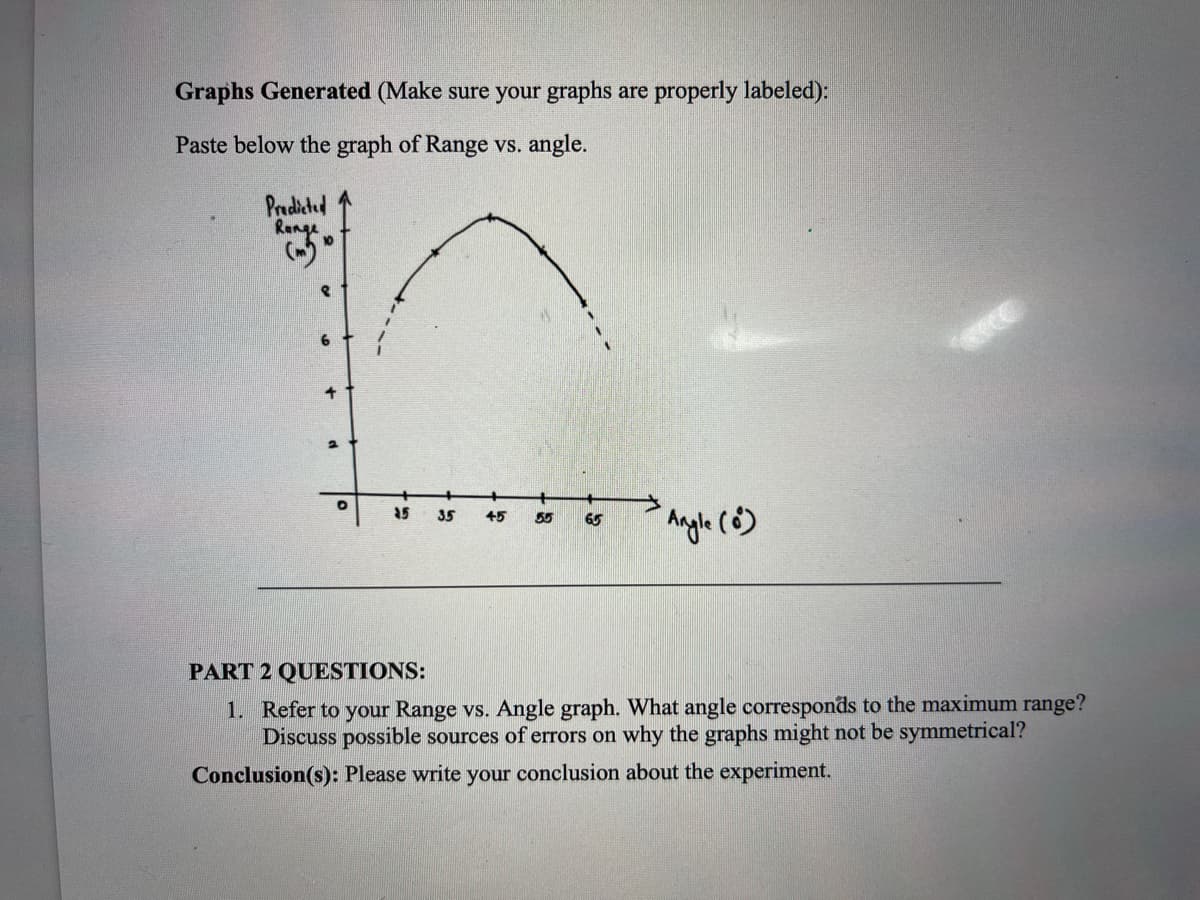 Graphs Generated (Make sure your graphs are properly labeled):
Paste below the graph of Range vs. angle.
Predicted
9.
+t
15
35
45
55
65
PART 2 QUESTIONS:
1. Refer to your Range vs. Angle graph. What angle corresponds to the maximum range?
Discuss possible sources of errors on why the graphs might not be symmetrical?
Conclusion(s): Please write your conclusion about the experiment.
