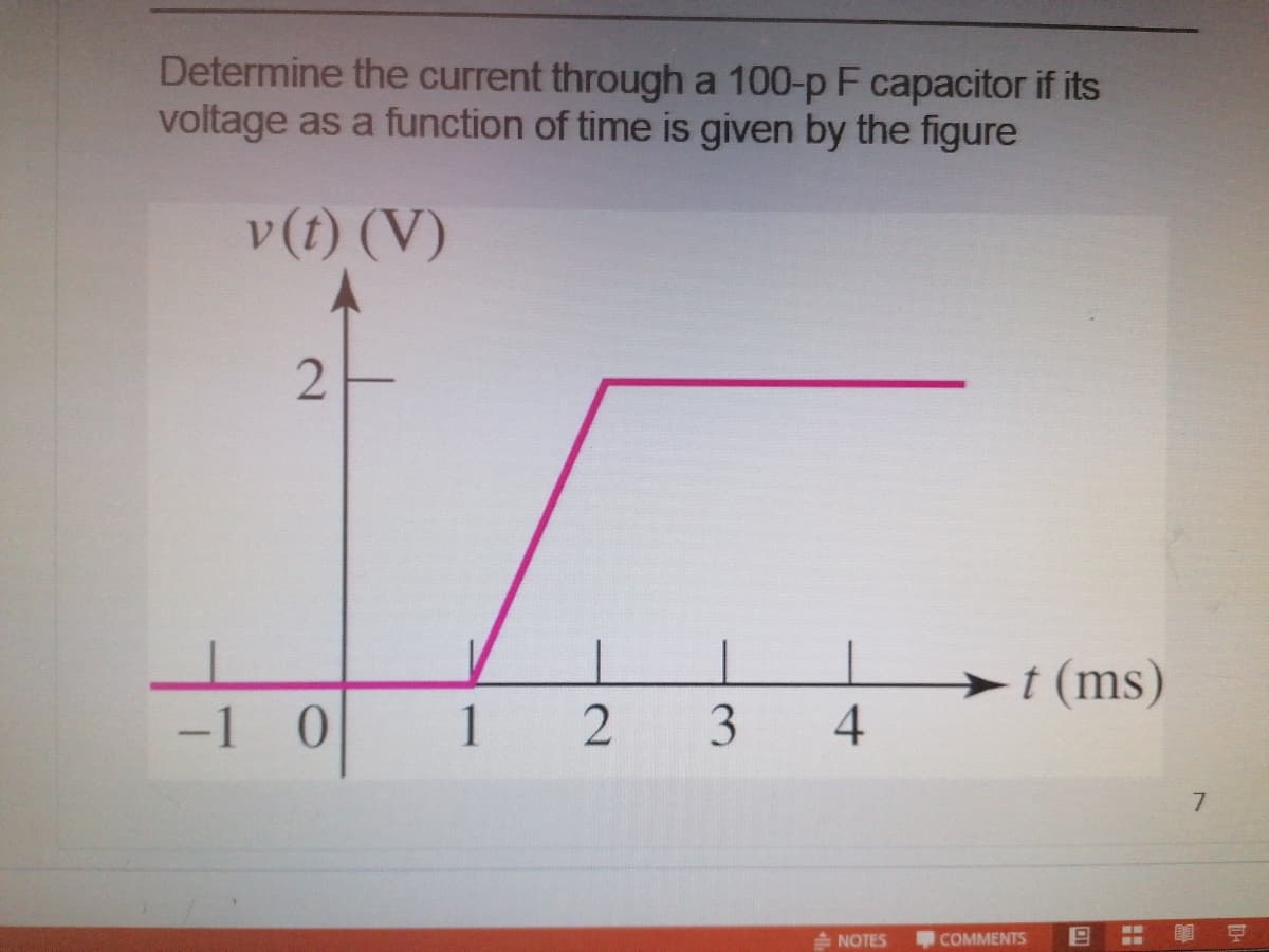 Determine the current through a 100-p F capacitor if its
voltage as a function of time is given by the figure
v(t) (V)
t (ms)
-1 0
1
4
7.
NOTES
COMMENTS
一3
