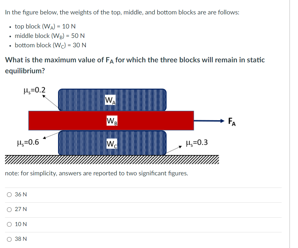 In the figure below, the weights of the top, middle, and bottom blocks are are follows:
• top block (WA) = 10 N
• middle block (WR) = 50 N
• bottom block (Wc) = 30 N
What is the maximum value of FA for which the three blocks will remain in static
equilibrium?
Hs=0.2
WA
WB
FA
H;=0.6
H;=0.3
note: for simplicity, answers are reported to two significant figures.
O 36 N
O 27 N
O 10 N
38 N
