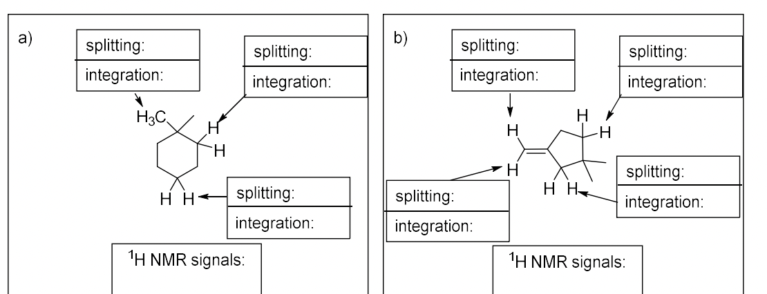 a)
splitting:
integration:
H3C
HH
H
splitting:
integration:
splitting:
integration:
¹H NMR signals:
splitting:
integration:
splitting:
integration:
H
H
H
HH
H
splitting:
integration:
splitting:
integration:
¹H NMR signals:
