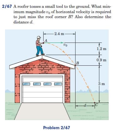 2/67 A roofer tosses a small tool to the ground. What min-
imum magnitude vo of horizontal velocity is required
to just miss the roof corner B? Also determine the
distance d.
-2.4 m-
T
1.2 m
0.9 m
3 m
VO
AAA!
Problem 2/67
B
a to
C
