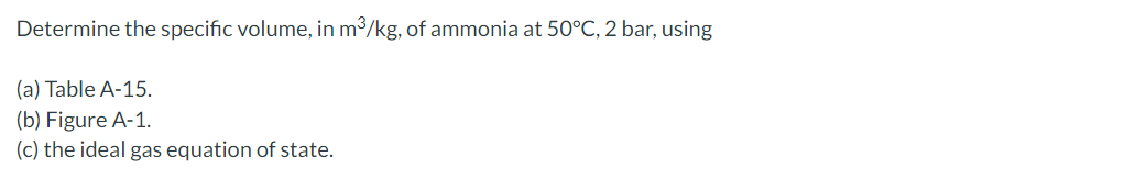 Determine the specific volume, in m3/kg, of ammonia at 50°C, 2 bar, using
(a) Table A-15.
(b) Figure A-1.
(c) the ideal gas equation of state.
