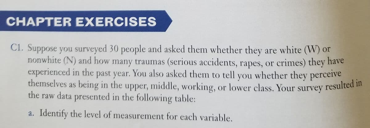 CHAPTER EXERCISES
C1. Suppose you surveyed 30 people and asked them whether they are white (W) or
nonwhite (N) and how many traumas (serious accidents, rapes, or crimes) they have
experienced in the past year. You also asked them to tell you whether they perceive
themselves as being in the upper, middle, working, or lower class. Your survey resulted il
the raw data presented in the following table:
a. Identify the level of measurement for each variable.
