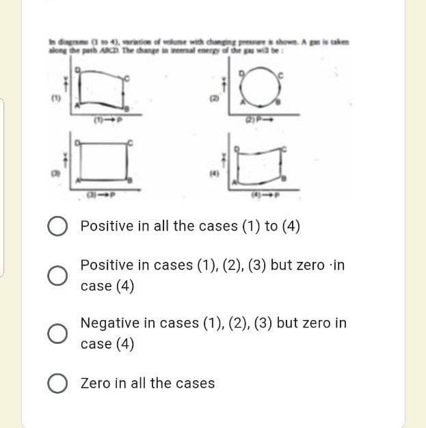 dingrame (1 to 4), ration of velume with changing pressure s shown. A gmis taken
along he parh AD The change in enal energy of the p wi be
Positive in all the cases (1) to (4)
Positive in cases (1), (2), (3) but zero in
case (4)
Negative in cases (1), (2), (3) but zero in
case (4)
O Zero in all the cases
