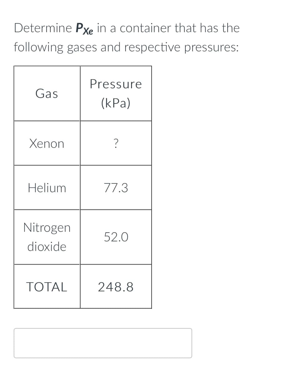 Determine Pxe in a container that has the
following gases and respective pressures:
Pressure
Gas
(kPa)
Xenon
Helium
77.3
Nitrogen
52.0
dioxide
ТОTAL
248.8
