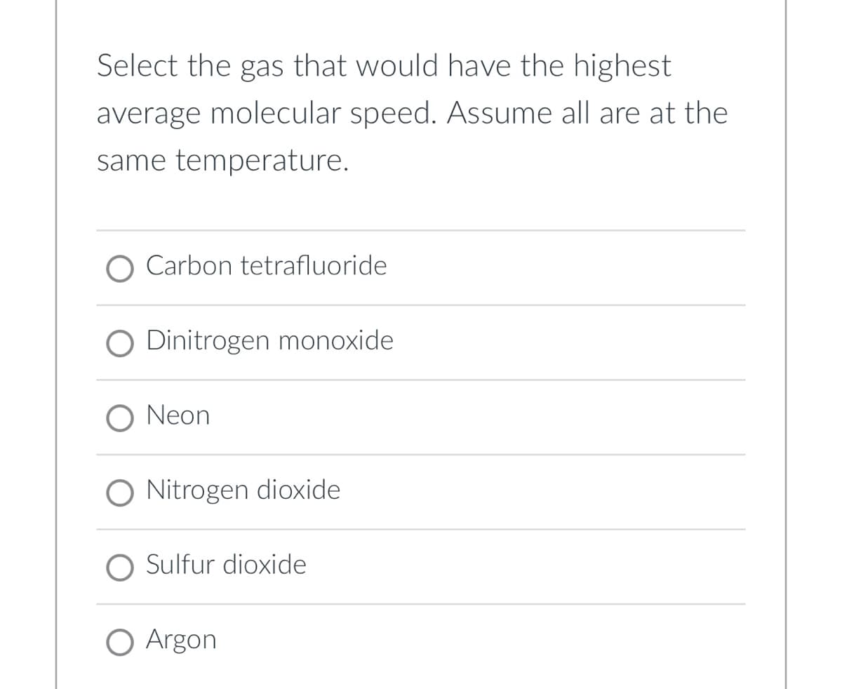 Select the gas that would have the highest
average molecular speed. Assume all are at the
same temperature.
O Carbon tetrafluoride
O Dinitrogen monoxide
O Neon
Nitrogen dioxide
O Sulfur dioxide
O Argon
